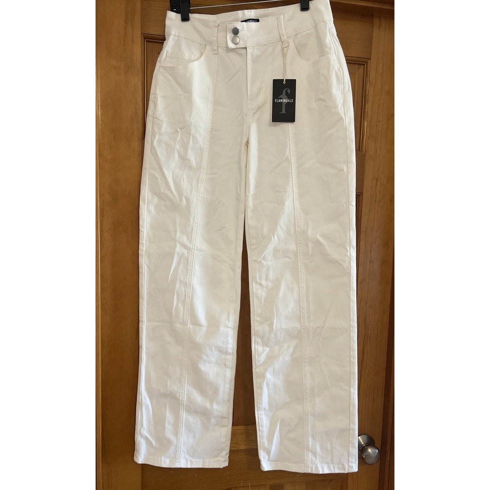 Flamingals Women's White Straight Leg Pants With Front Seam Details Sz Small